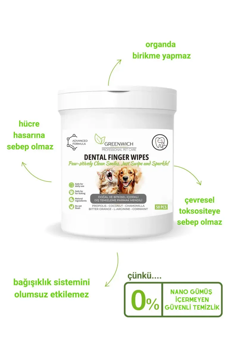 Greenwich Vegan Bitkisel İçerikli Kedi Köpek Diş Temizleme Islak Hijyenik Parmak Mendil 50 Adet