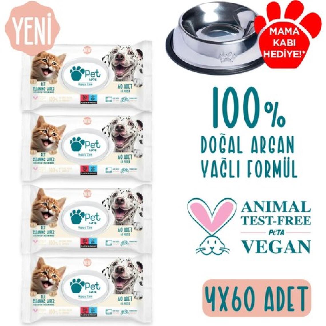 Pet Love Kediler ve Köpekler İçin Temizleme Mendili 4X60 Adet 100% Doğal Argan Yağlı