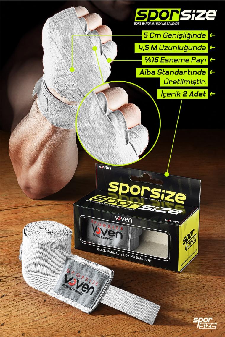 Sporsize Voven Boxing Muay Thai Bandage Boks Bandajı Muay Thai Bandajı El Sargısı 4,5 Metre Beyaz