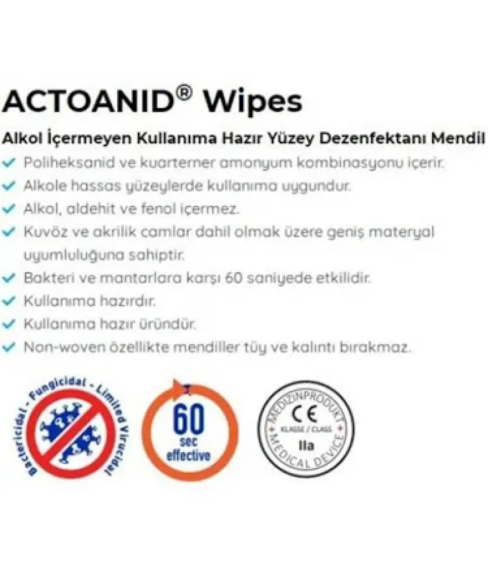 Actoanid Wipes 100 Pcs Dezenfeksiyon Mendili