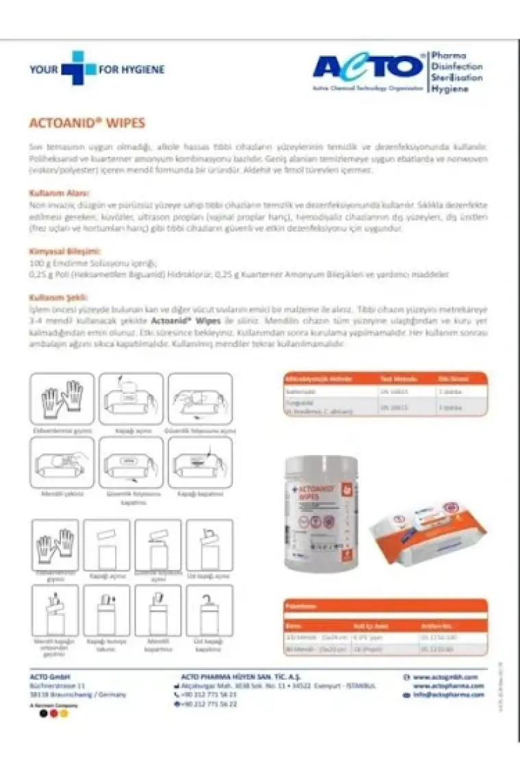 Actoanid Wipes 100 Pcs Dezenfeksiyon Mendili
