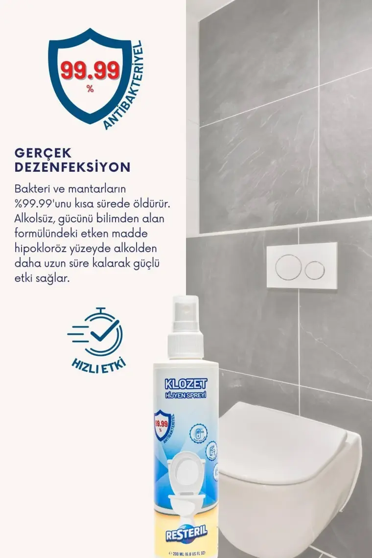 Resteril Klozet Temizleyici Klozet Kapağı Dezenfektan Sprey %99.99 Alkolsüz Sterilizasyon 500 ml