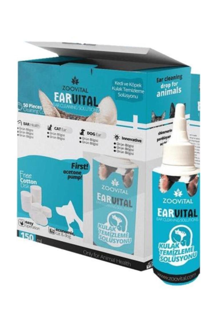 Earvital Kedi Köpek Kulak Temizleme Losyonu Solüsyonu 150ml Disk Pamuk Hediyeli