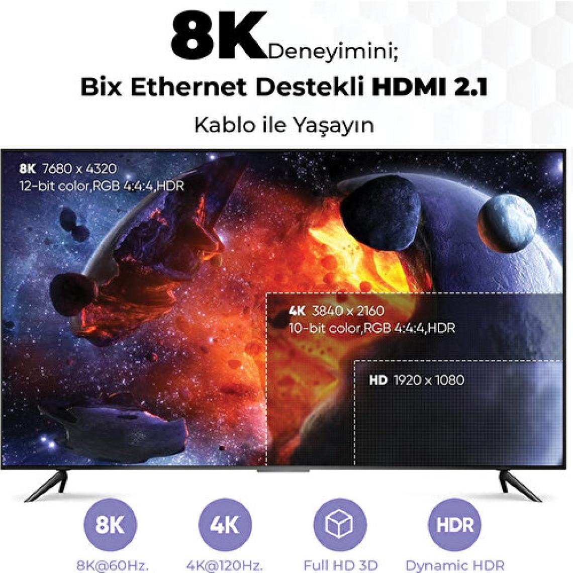 Bix PHD03 8K 60Hz Yüksek Hızlı Ethernet ve HDMI Kablosu 3 Metre