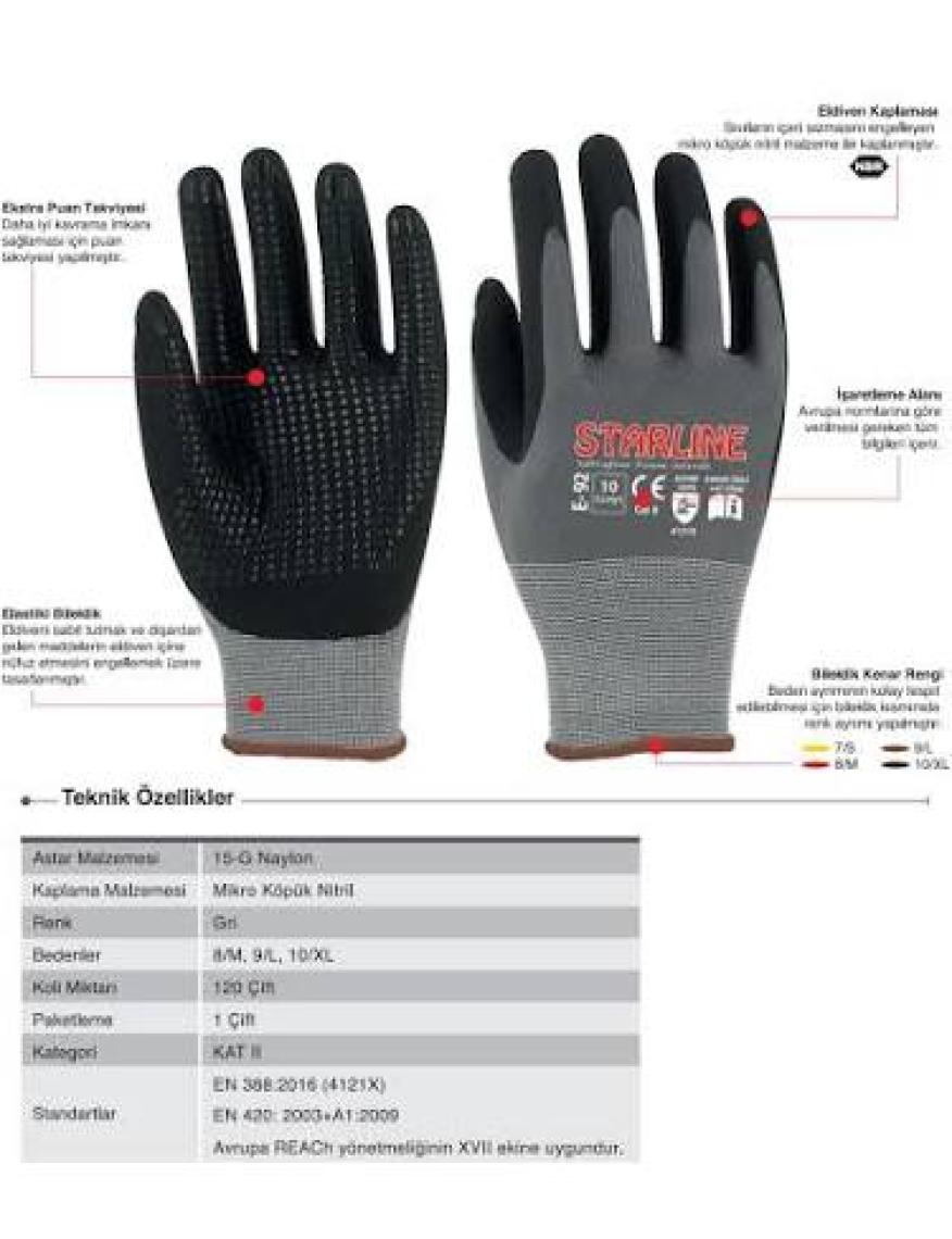 Starline E-92 Köpük Nitril Puanlı Eldiven No:9