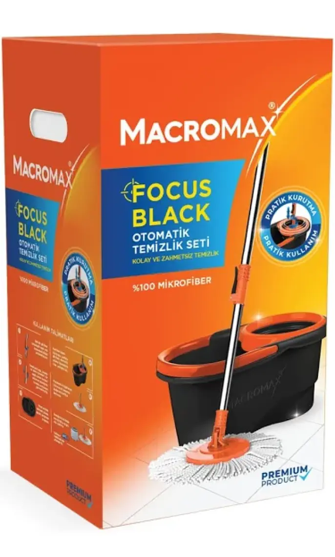 Macromax Focus Black Otomatik Temizlik Seti, Pedalsız Döner Sıkmalı 360 Başlıklı Mikrofiber Paspas