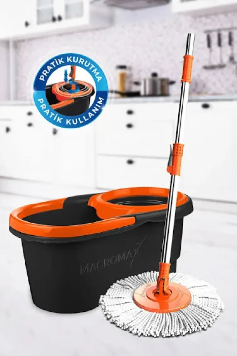 Macromax Focus Black Otomatik Temizlik Seti, Pedalsız Döner Sıkmalı 360 Başlıklı Mikrofiber Paspas