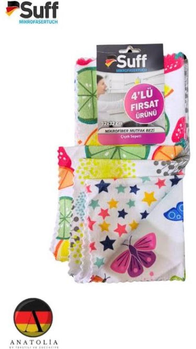 Suff Mikrofiber Bez 4'lü Mutfak Bezi ( 32X32 Çiçek Sepeti )