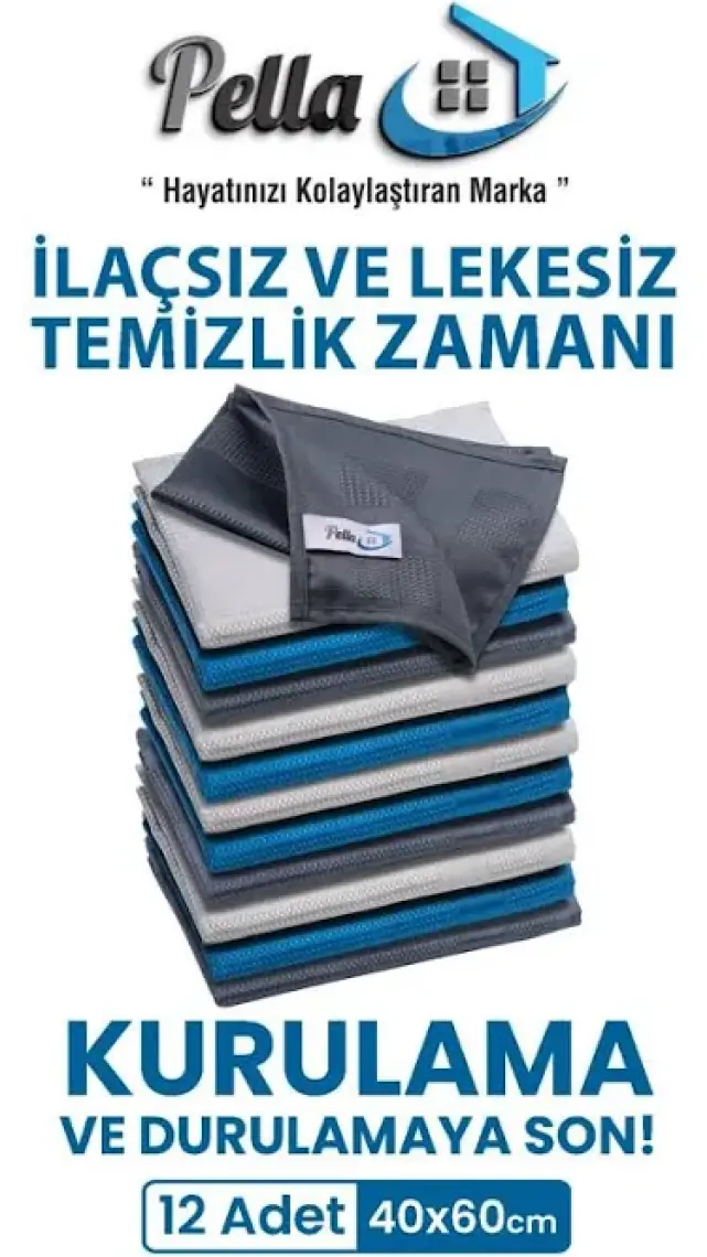 Pella 12'li Mikrofiber Temizlik Bezi, Cam, Araba Silme Bezi, Mutfak, Fiber Temizleme Bezi, 60X40 cm