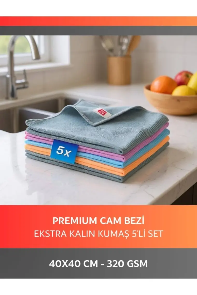 Cleanshe Premium Mikrofiber Ekstra Kalın Cam Bezi 5'li Set 40X40