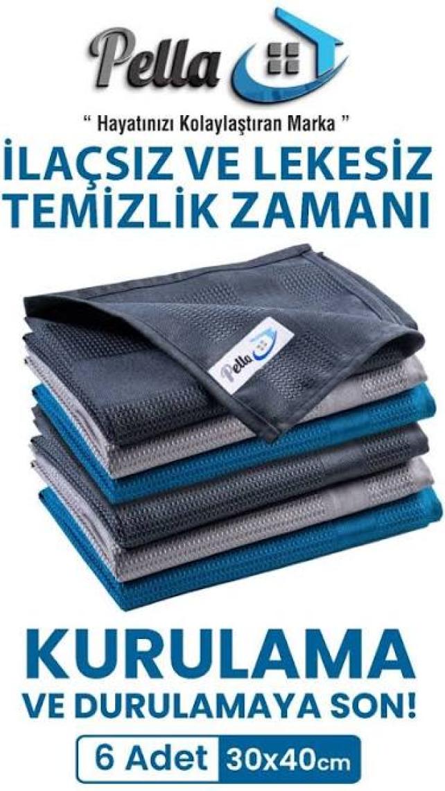 Pella 6 Lı Mikrofiber Temizlik Bezi, Cam, Araba Silme Bezi, Mutfak, Fiber Temizleme Bezi, 40X30 cm