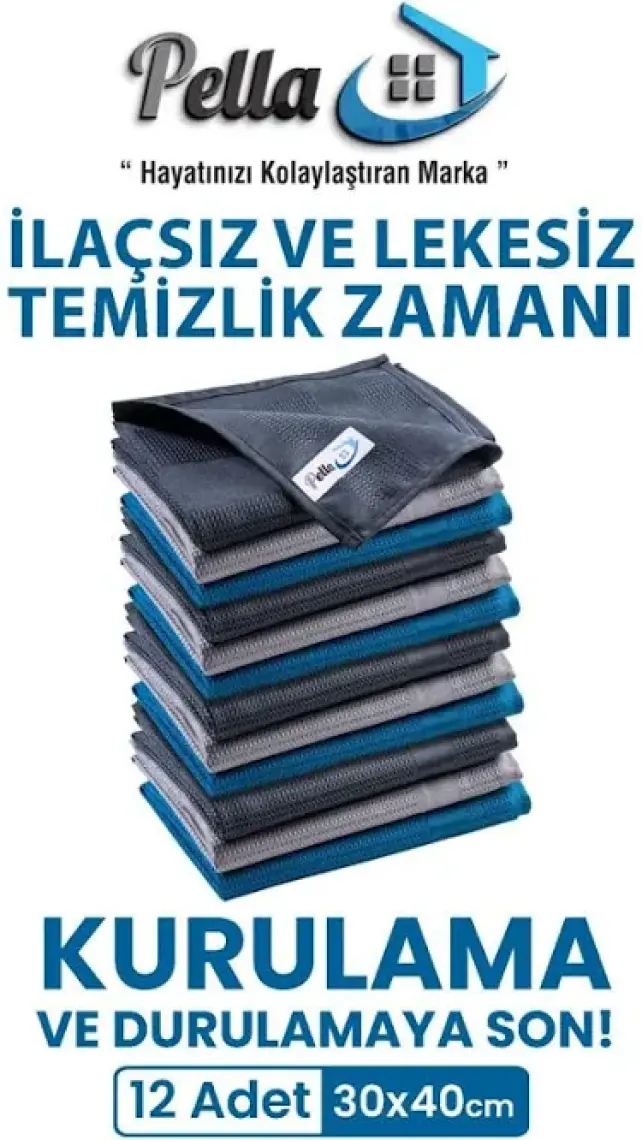 Pella 12'li Mikrofiber Temizlik Bezi, Cam, Araba Silme Bezi, Mutfak, Fiber Temizleme Bezi, 40X30 cm
