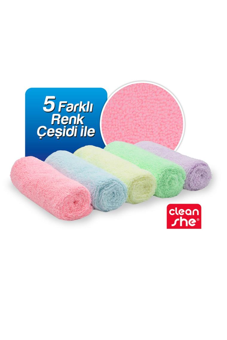 Cleanshe Pastel Seri Mikrofiber Kurulama ve Temizlik Bezi 2'si 1 Arada 5'li Set 35X40