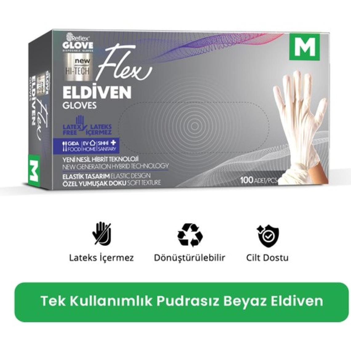 Reflex Flex Eldiven Tek Kullanımlık Pudrasız Beyaz M Beden Eldiven 100’lü