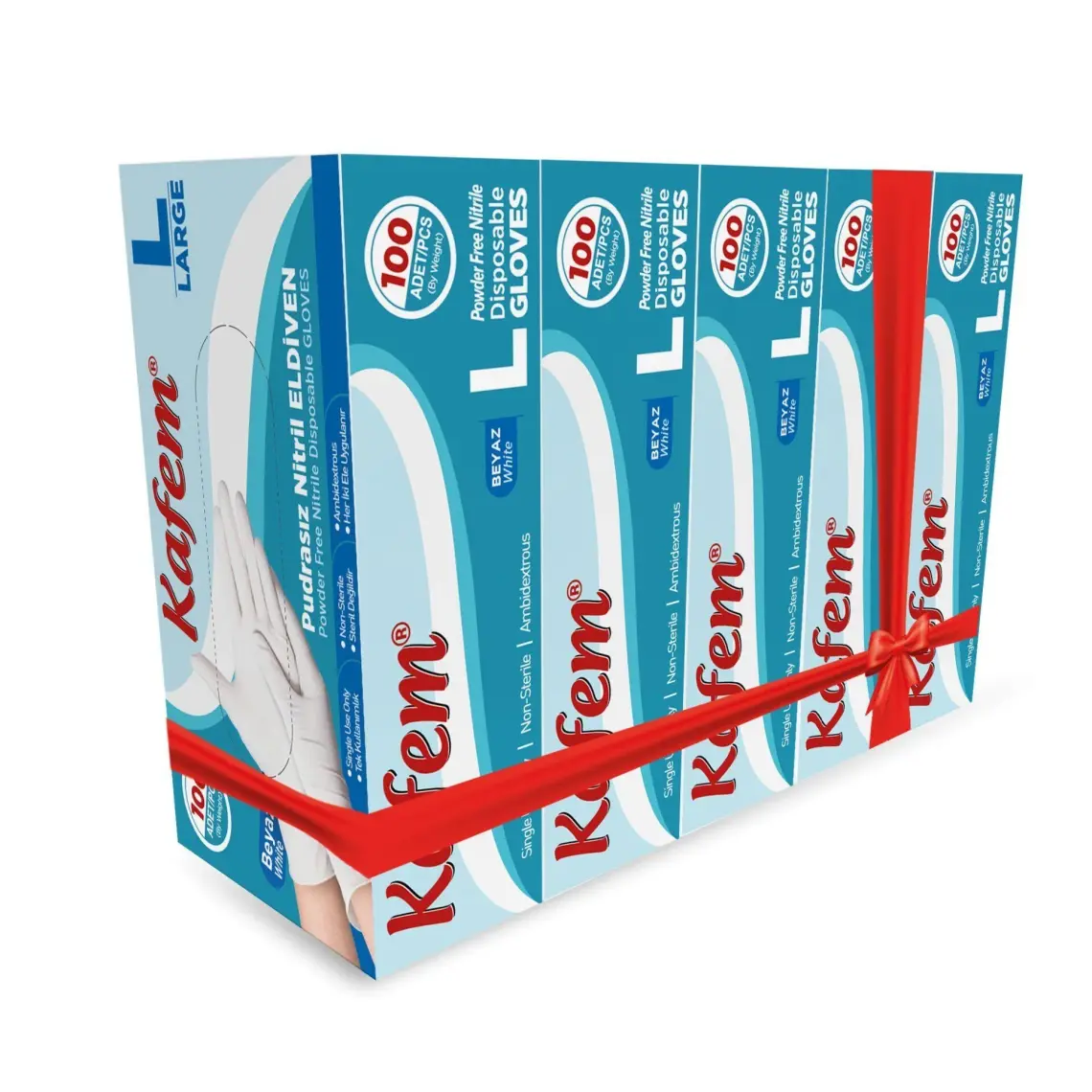 Kafem Beyaz Nitril Eldiven Pudrasız L 100'lü x 5 Paket