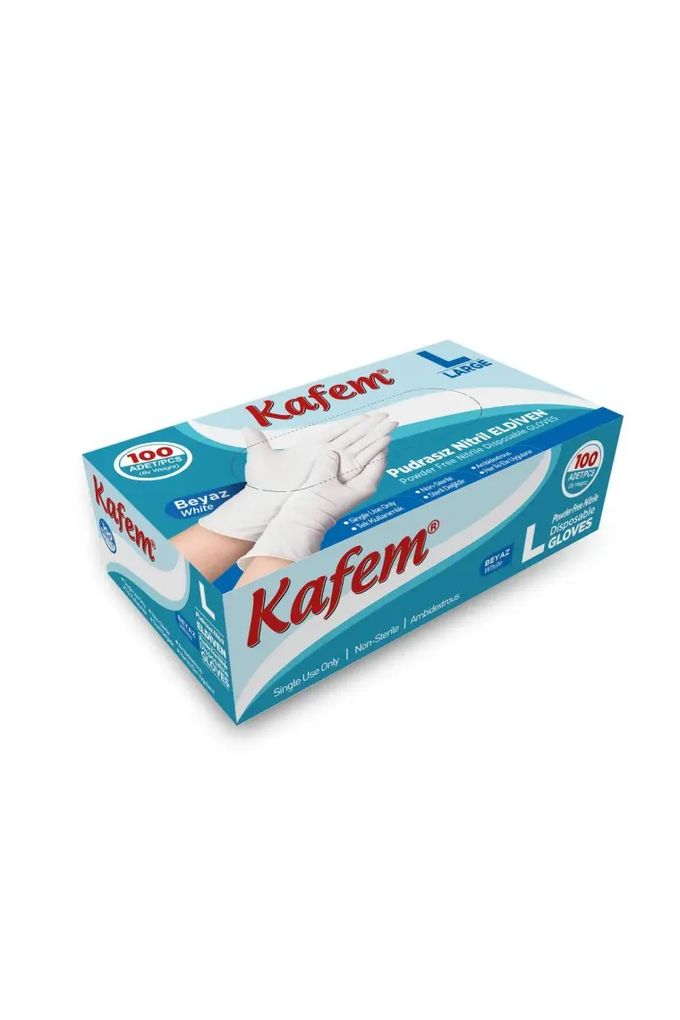 Kafem Beyaz Nitril Eldiven Pudrasız L 100'lü x 5 Paket