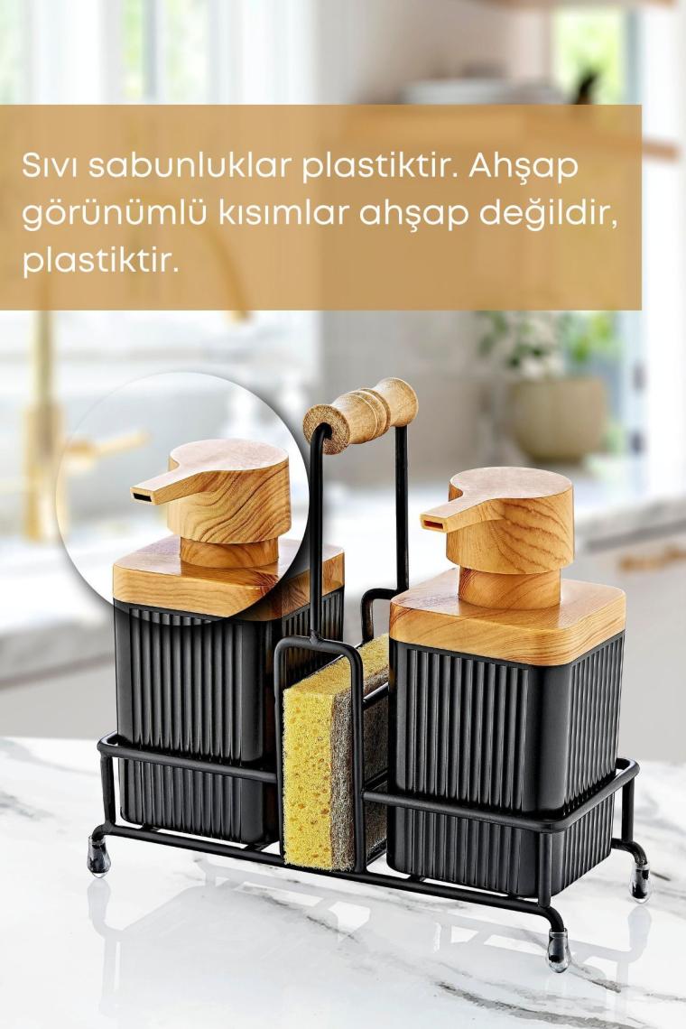 Grimor Life Metal Standlı Ahşap Detaylı Bulaşık Deterjanı ve Sıvı Sabunluk Mutfak Seti-Sünger Hediyeli