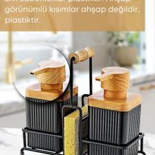 Grimor Life Metal Standlı Ahşap Detaylı Bulaşık Deterjanı ve Sıvı Sabunluk Mutfak Seti-Sünger Hediyeli