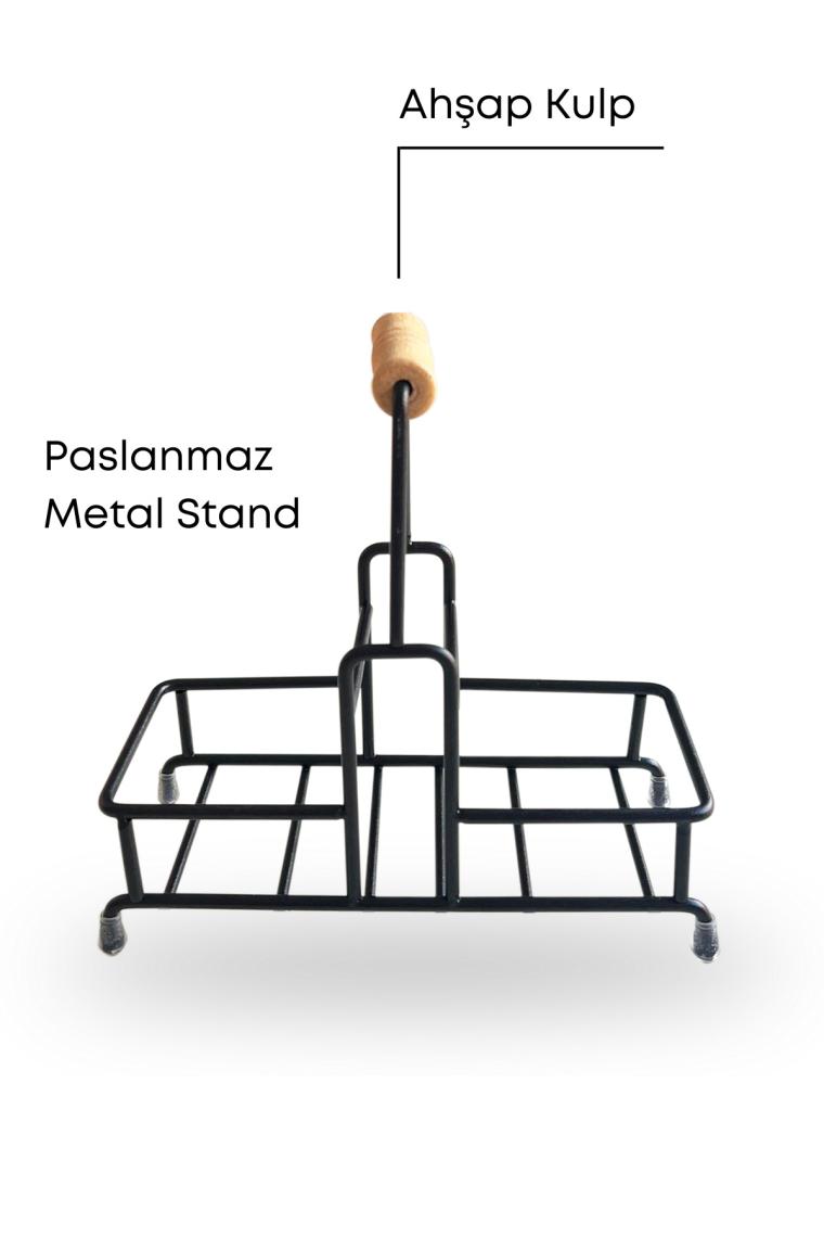 Grimor Life Metal Standlı Ahşap Detaylı Sıvı Sabunluk Fırçalık Seti - Sabunluk Fırçalık Mutfak Seti - Şeffaf