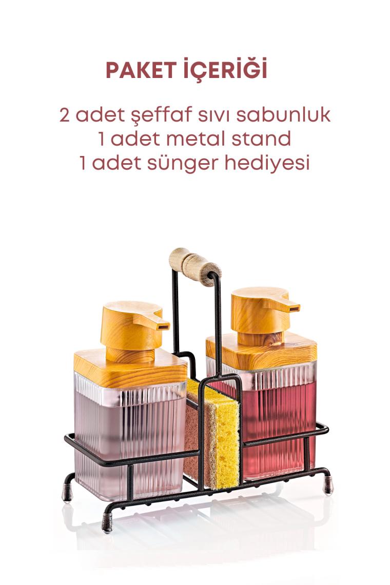 Grimor Life Metal Standlı Ahşap Detaylı Sıvı Sabunluk Fırçalık Seti - Sabunluk Fırçalık Mutfak Seti - Şeffaf