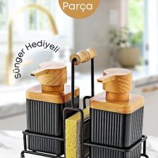 Grimor Life Metal Standlı Ahşap Detaylı Bulaşık Deterjanı ve Sıvı Sabunluk Mutfak Seti-Sünger Hediyeli