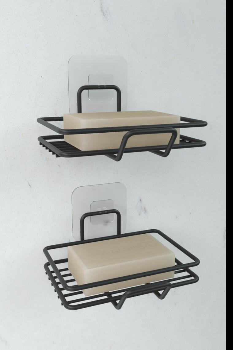 Zabata Yapışkanlı 2 Li Set Sabunluk Banyo Mutfak Lavabo Metal Katı Sabunluk Siyah