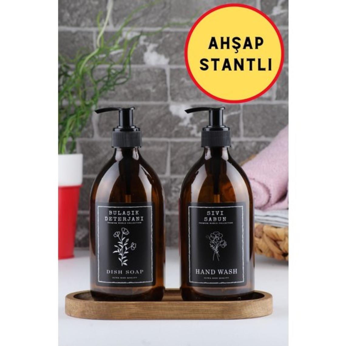 İncili Home Ahşap Stantlı 2'li Amber Cam Sıvı Sabun Bulaşık Deterjanı Şişesi Sabunluk 500 Ml