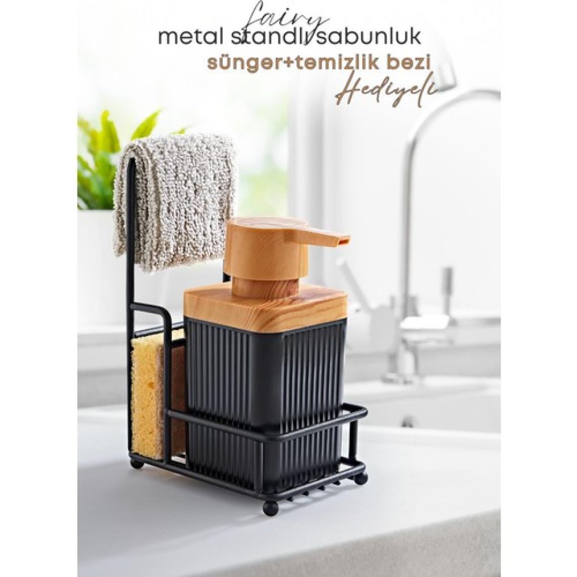 Grimor Life Metal Standlı Süngerli Tekli Siyah Ahşap Akrilik Bulaşık Deterjanı Sıvı Sabunluk 400 Ml-Bez Askılığı