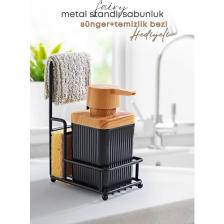 Grimor Life Metal Standlı Süngerli Tekli Siyah Ahşap Akrilik Bulaşık Deterjanı Sıvı Sabunluk 400 Ml-Bez Askılığı