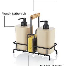 Grimor Life Metal Standlı Krem Begonya Bulaşık Deterjanı ve Sıvı Sabunluk Mutfak Seti-Sünger Hediyeli
