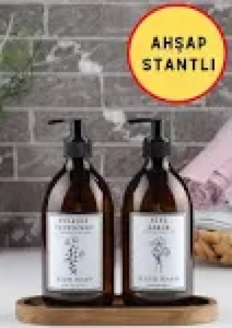 İncili Home Ahşap Stantlı 2'li Amber Cam Sıvı Sabun Bulaşık Deterjanı Şişesi Sabunluk 500 ml