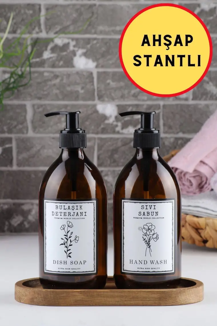 İncili Home Ahşap Stantlı 2'li Amber Cam Sıvı Sabun Bulaşık Deterjanı Şişesi Sabunluk 500 ml