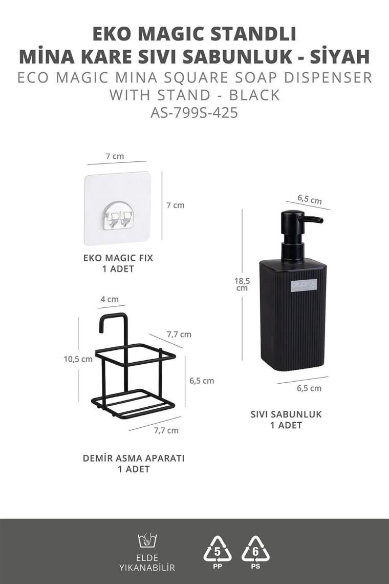 Siyah Eko Magic Standlı Mina Kare Sıvı Sabunluk