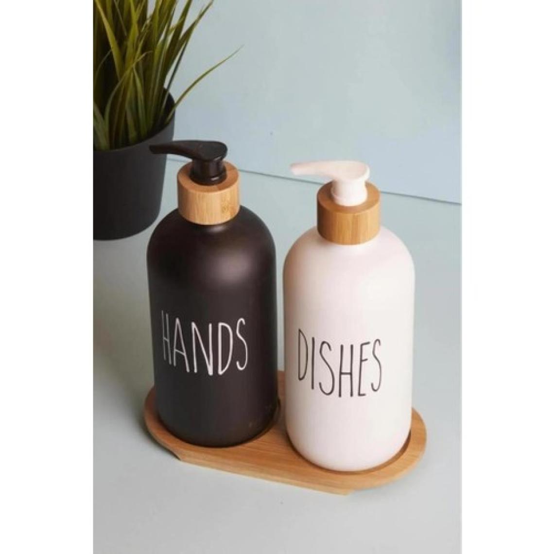 Atbyhome2’li Siyah Beyaz Mutfak Sıvı Sabunluk Seti 500ML+500ML Bambu Standlı