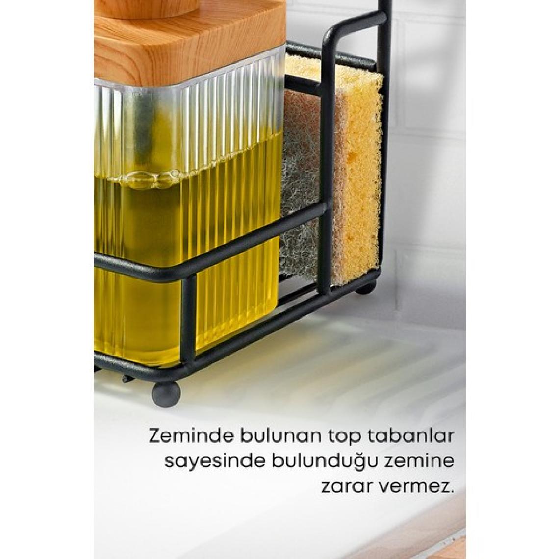 Grimor Life Metal Standlı Süngerli Tekli Şeffaf Ahşap Akrilik Bulaşık Deterjanı Sıvı Sabunluk 400 Ml-Bez Askılığı