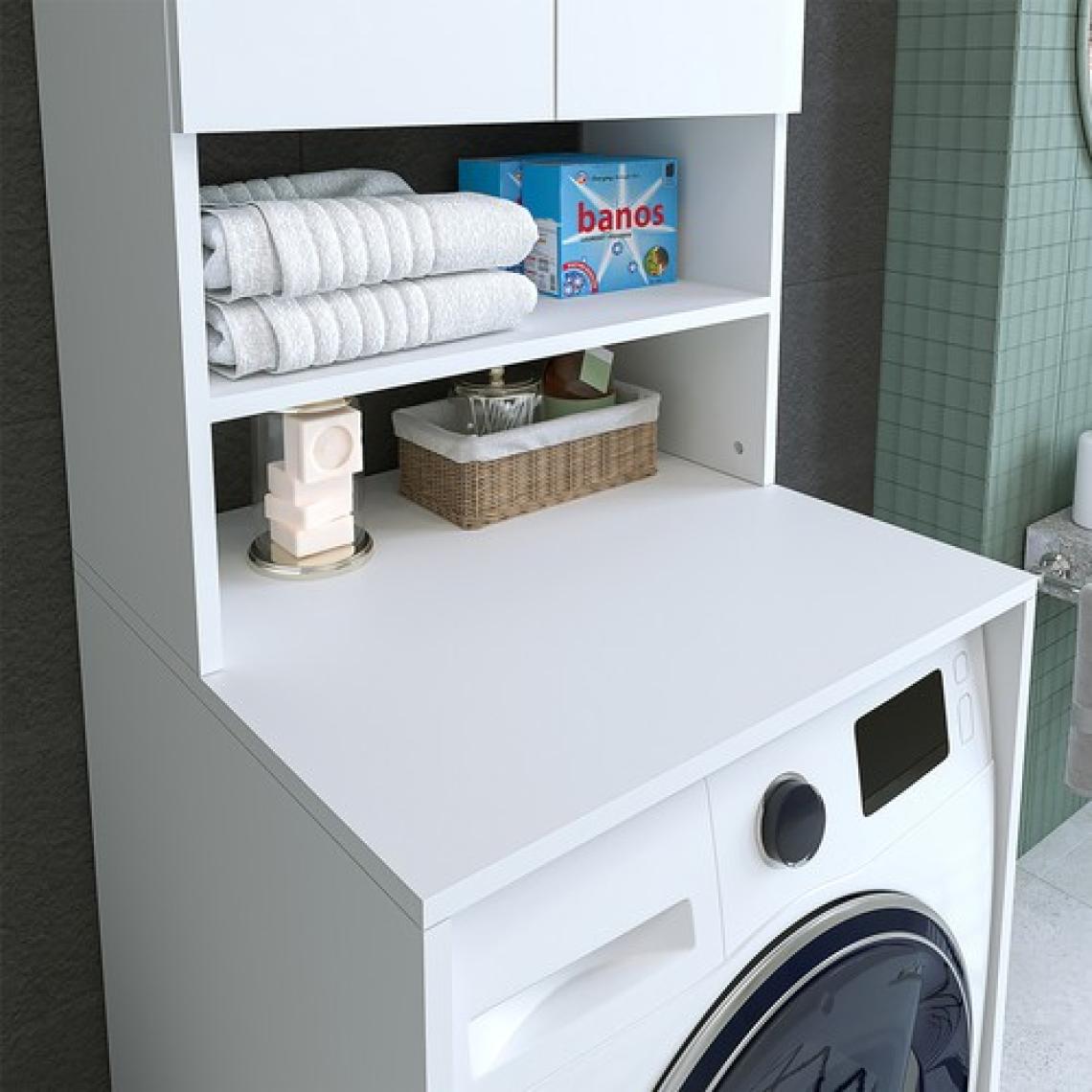 Banos Banyo Roomart Cd9 Çamaşır Makinesi Dolabı 3 Raflı 2 Kapaklı Banyo Dolabı Mat Beyaz-Ahşap
