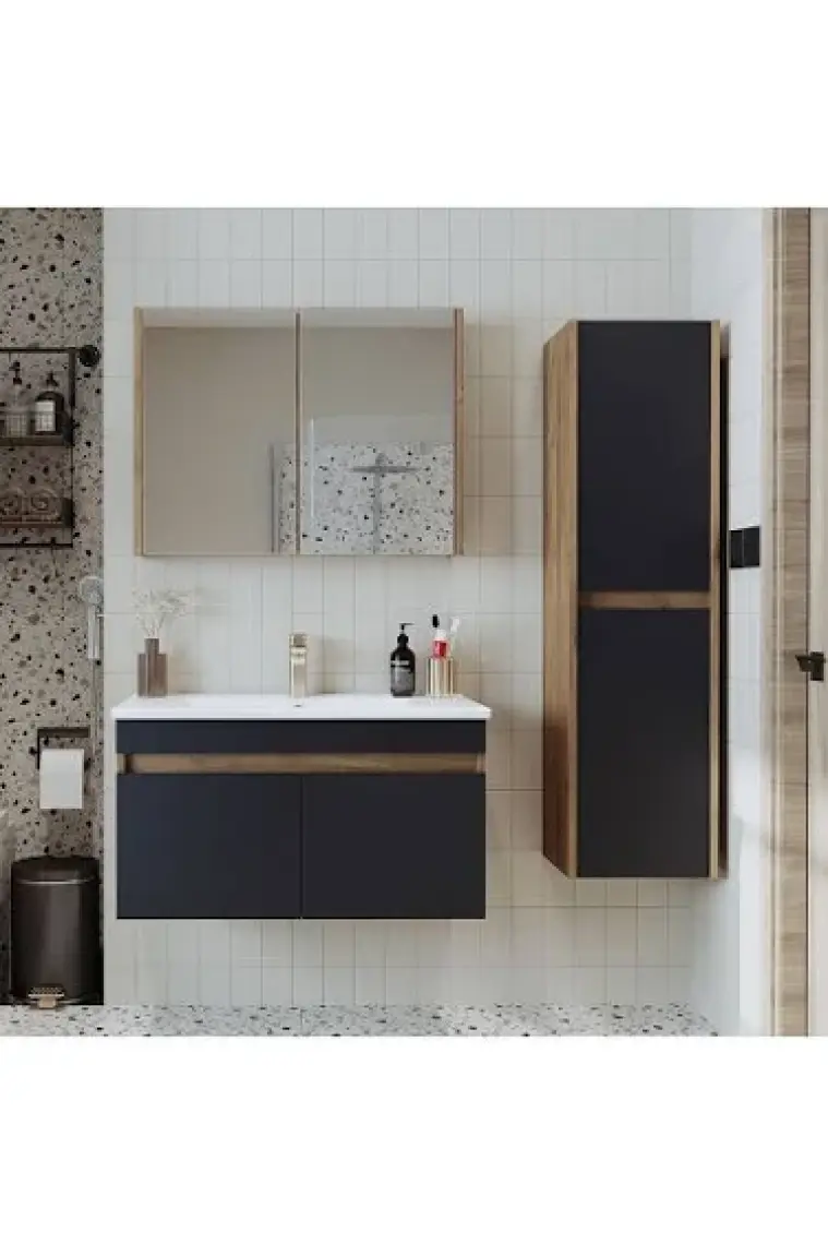 Roomart Lavabolu Atlantik - Antrasit Mat Mdf 85 cm Alt Dolap + Aynalı Üst Dolap + Boy Dolap