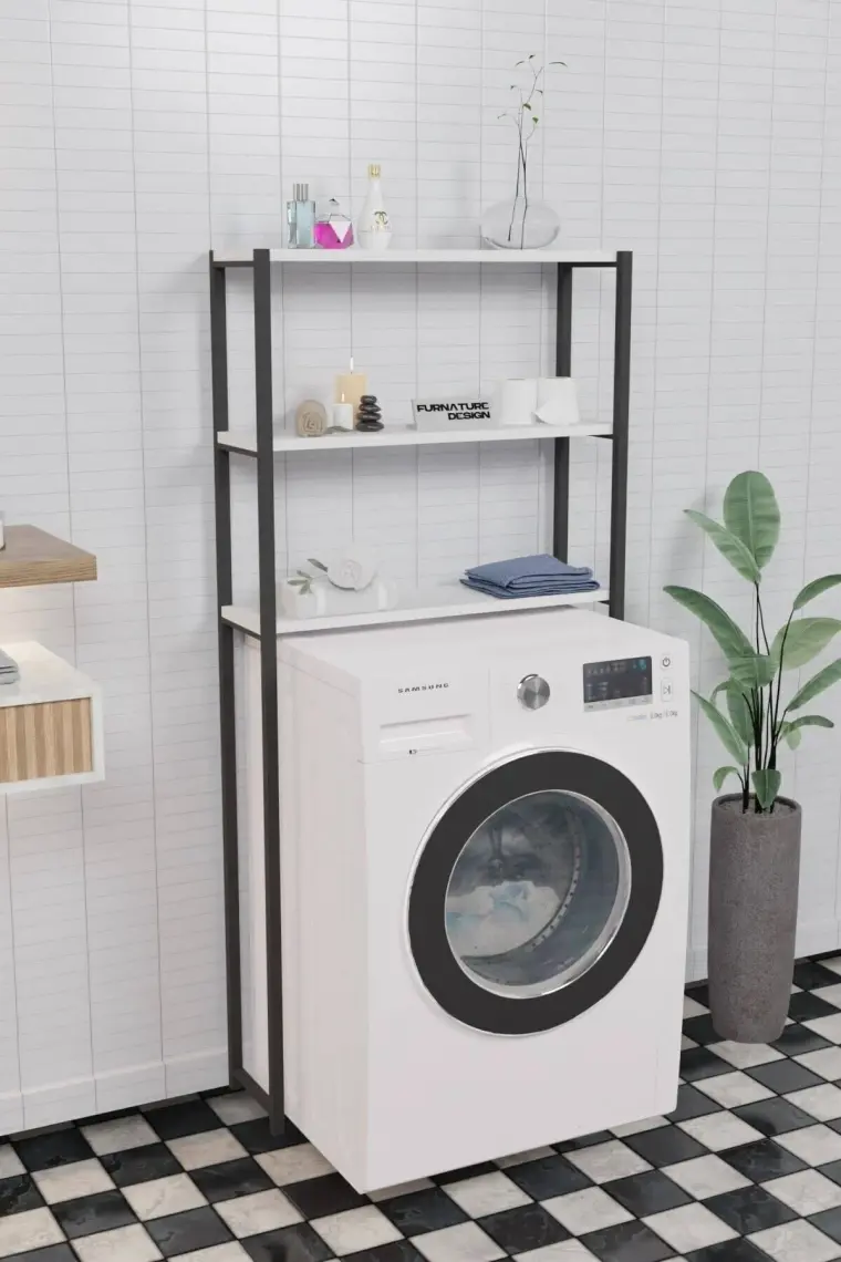 Furnature Design Çamaşır Makinesi Üstü Düzenleyici Raf Banyo Dolabı Rafı Makina Üstü Dolap Raf Beyaz