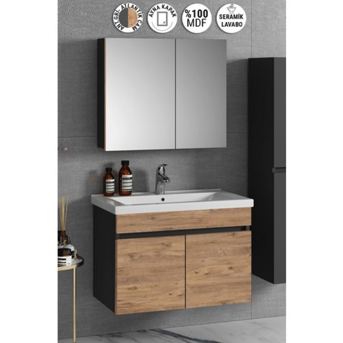 Özceden Çiğdem 80 cm Antrasit Gri Mat-Atlantik Çam Mdf Seramik Lavabolu Asma Banyo Dolabı Takımı