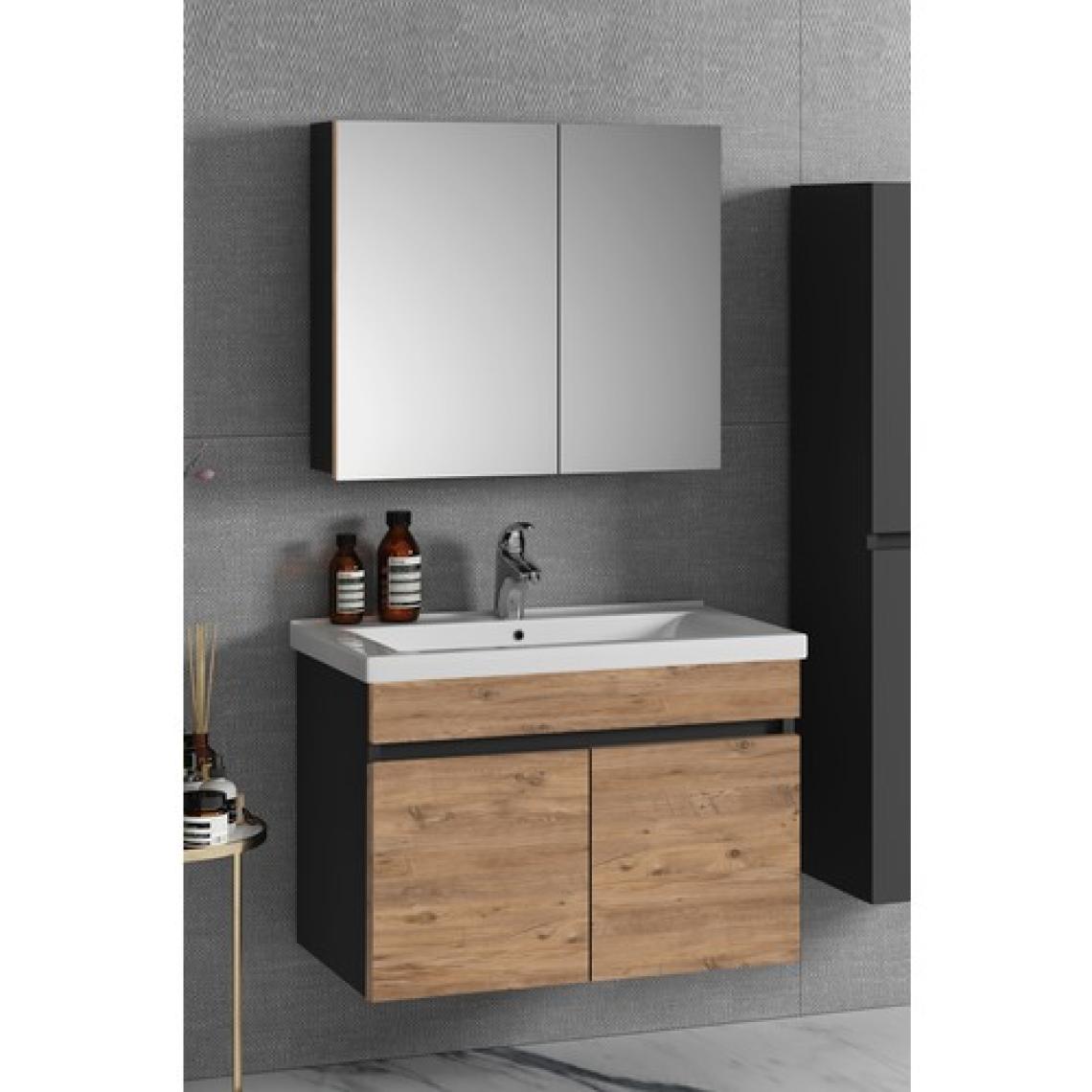Özceden Çiğdem 80 cm Antrasit Gri Mat-Atlantik Çam Mdf Seramik Lavabolu Asma Banyo Dolabı Takımı