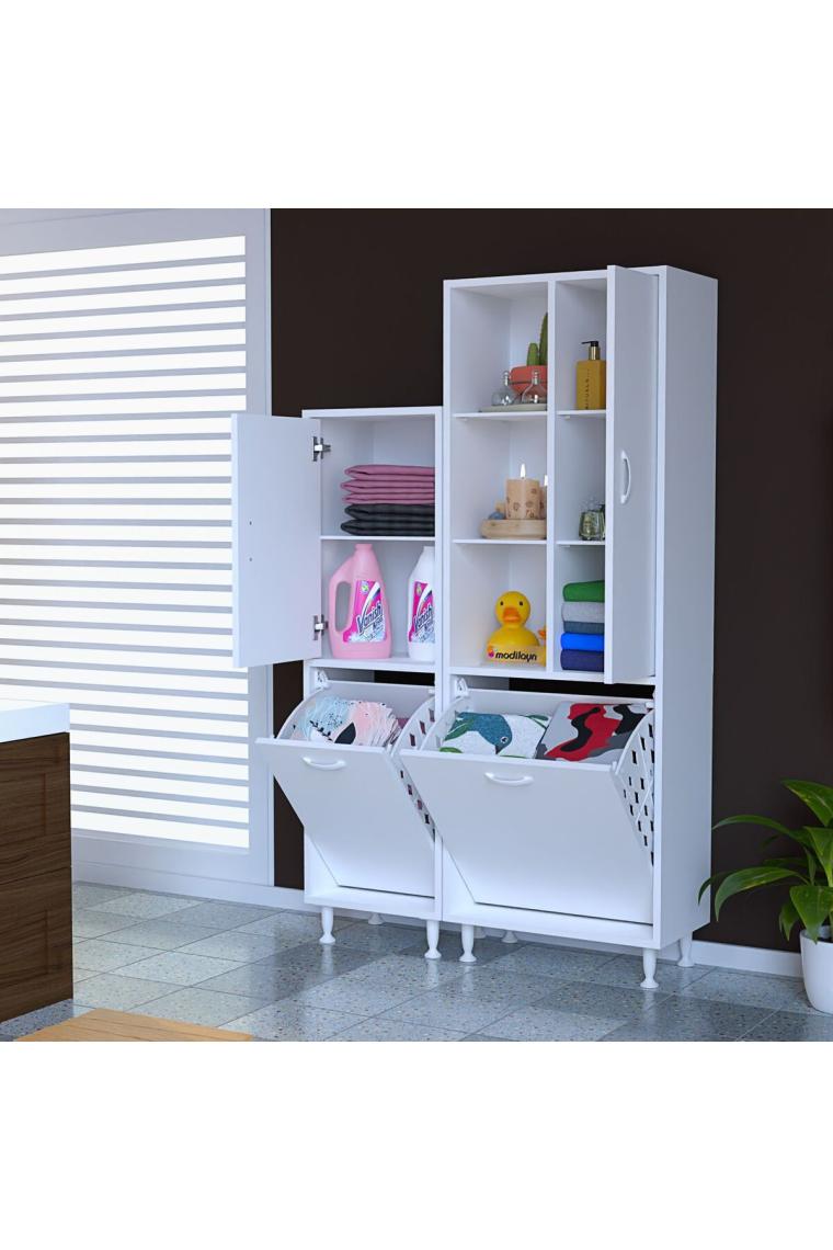 Modilayn Forbest Inci 97X165 cm 3 Kapaklı Kirli Çamaşır Dolabı Sepetli Banyo Dolabı