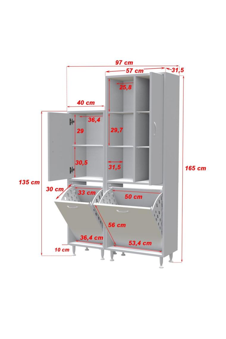 Modilayn Forbest Inci 97X165 cm 3 Kapaklı Kirli Çamaşır Dolabı Sepetli Banyo Dolabı