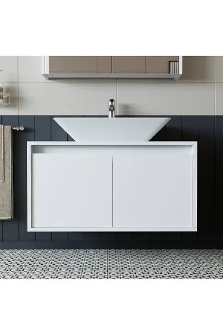 Banos Banyo Roomart Ayaksız 2 Kapaklı Lavabolu Mat Beyaz Mdf 85 Cm Banyo Dolabı