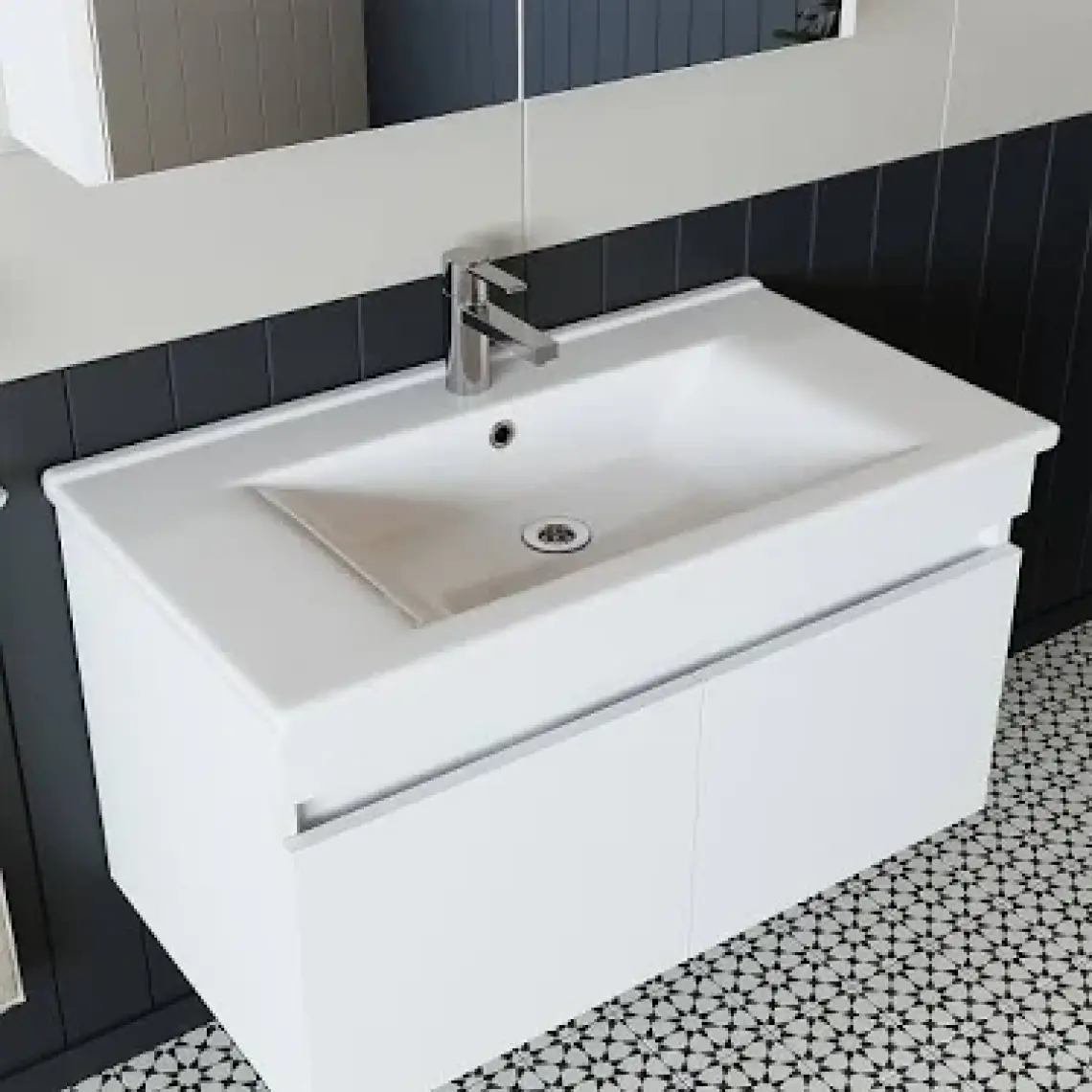 Banos Banyo Roomart Ayaksız 2 Kapaklı Lavabolu Mat Beyaz Mdf 85 Cm Banyo Dolabı