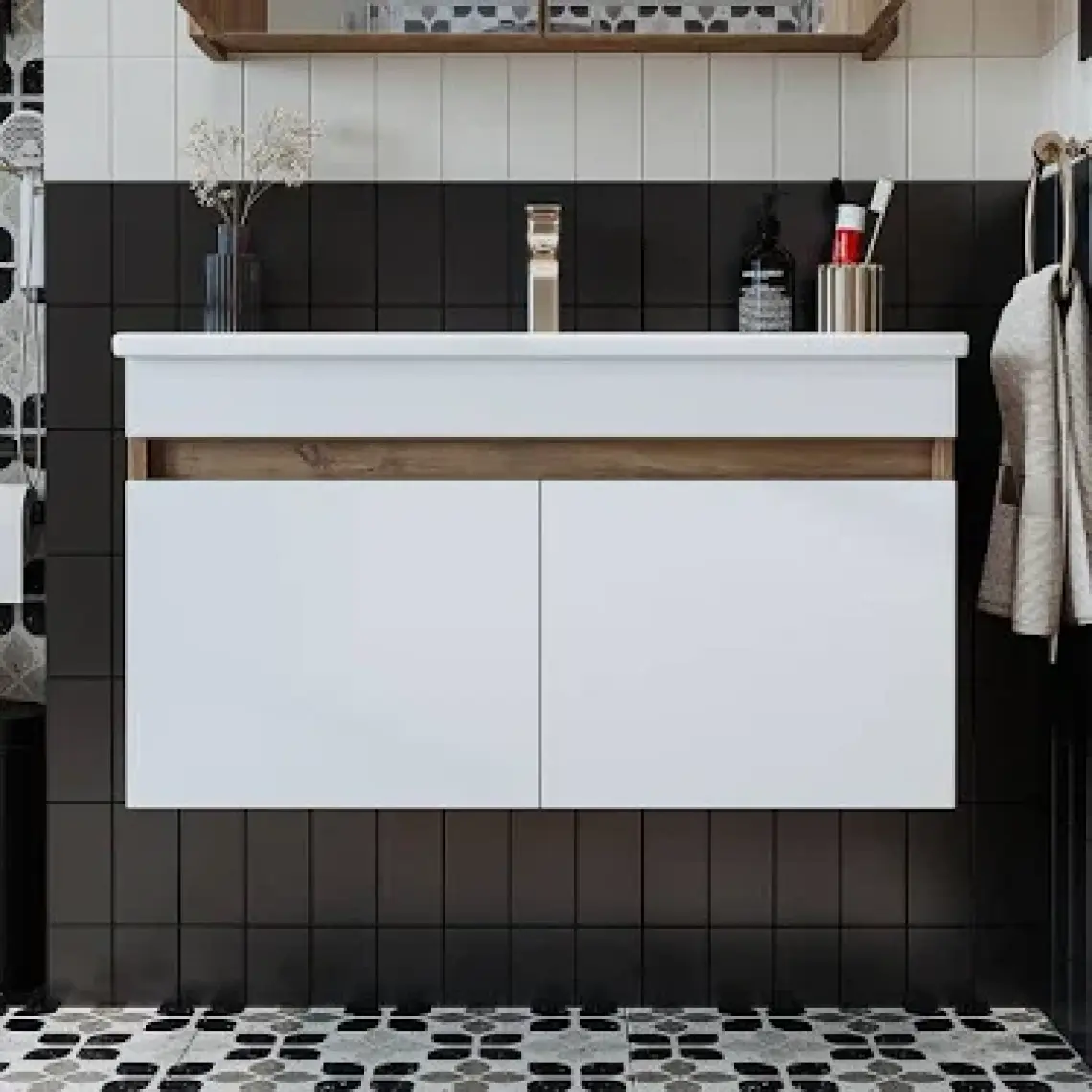 Banos Banyo Roomart Ayaksız 2 Kapaklı Lavabolu Mat Beyaz Mdf 85 Cm Banyo Dolabı