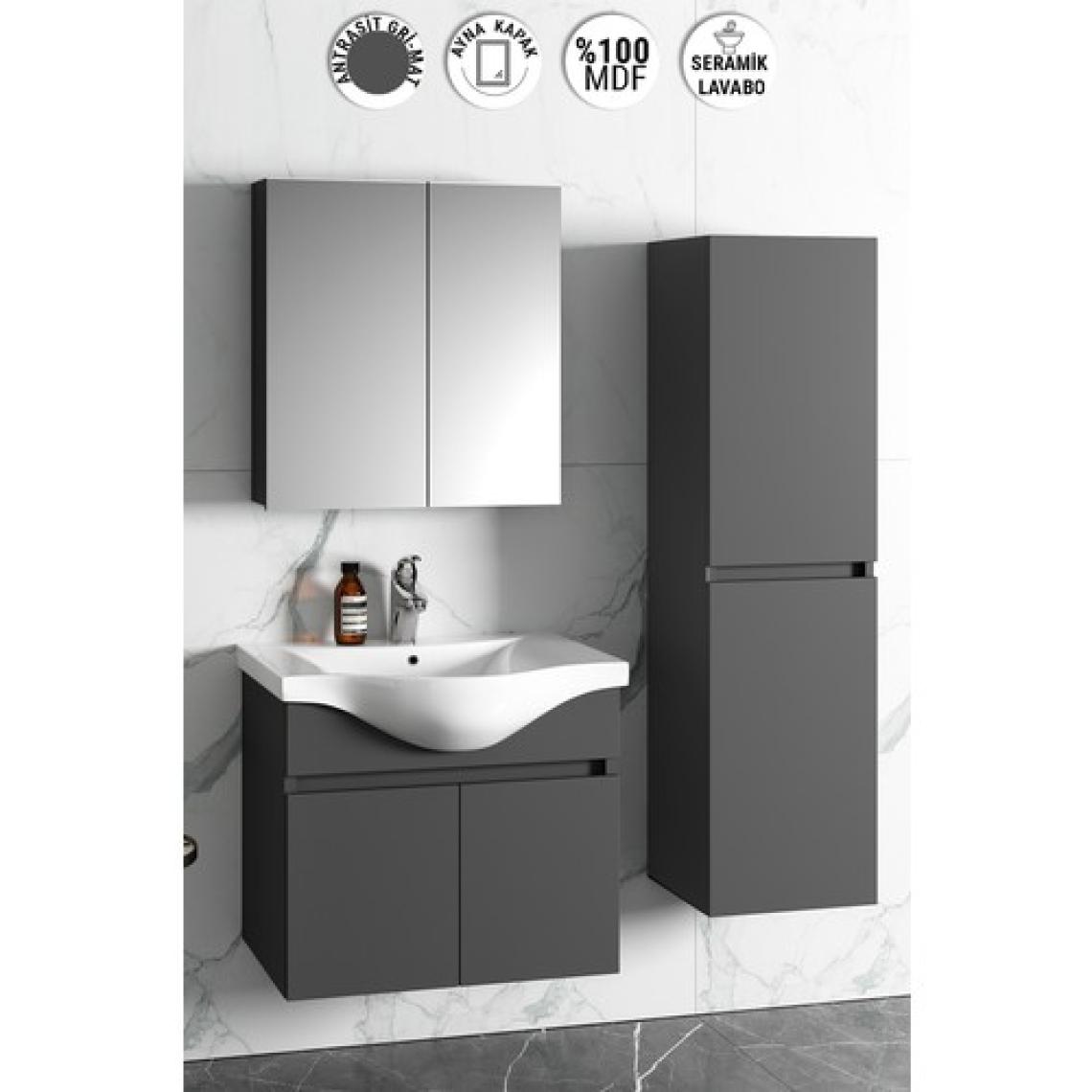 Özceden Yıldız 65+35 cm Antrasit Gri Mat Mdf Seramik Lavabolu Asma Banyo Dolabı Takımı
