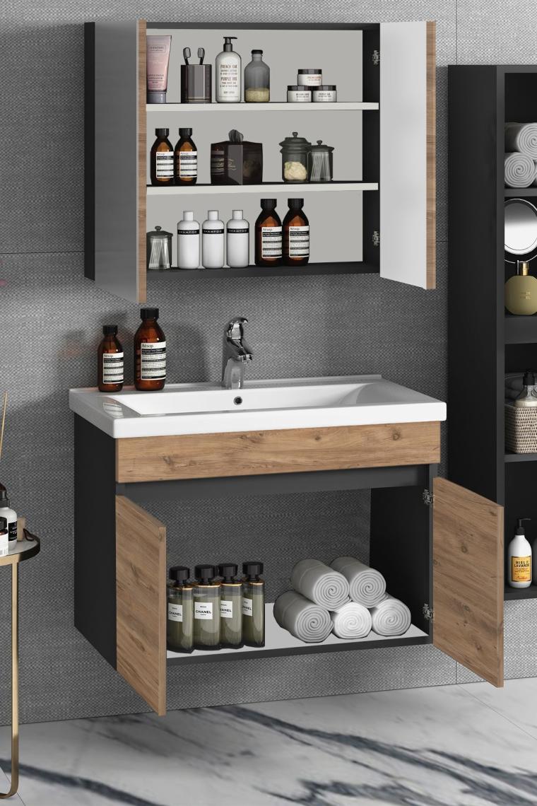 Özceden Çiğdem 80+35 cm Atlantik Çam-Antrasit Gri Mat Mdf Seramik Lavabolu Asma Banyo Dolabı Takımı