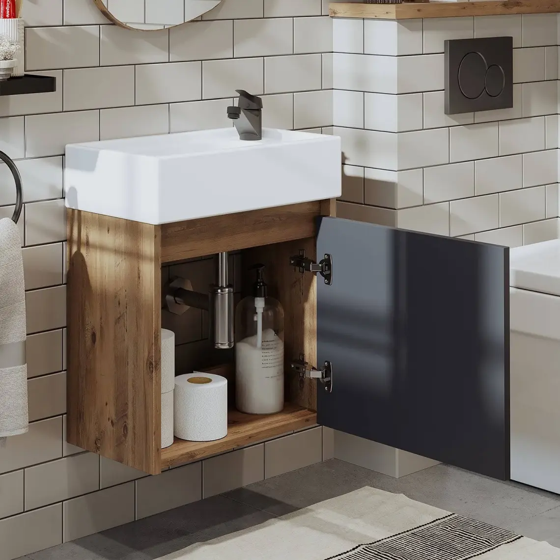 Roomart Ayaksız Tek Kapaklı Lavabolu 50 cm Banyo Dolabı ve Aynalı Üst Dolabı