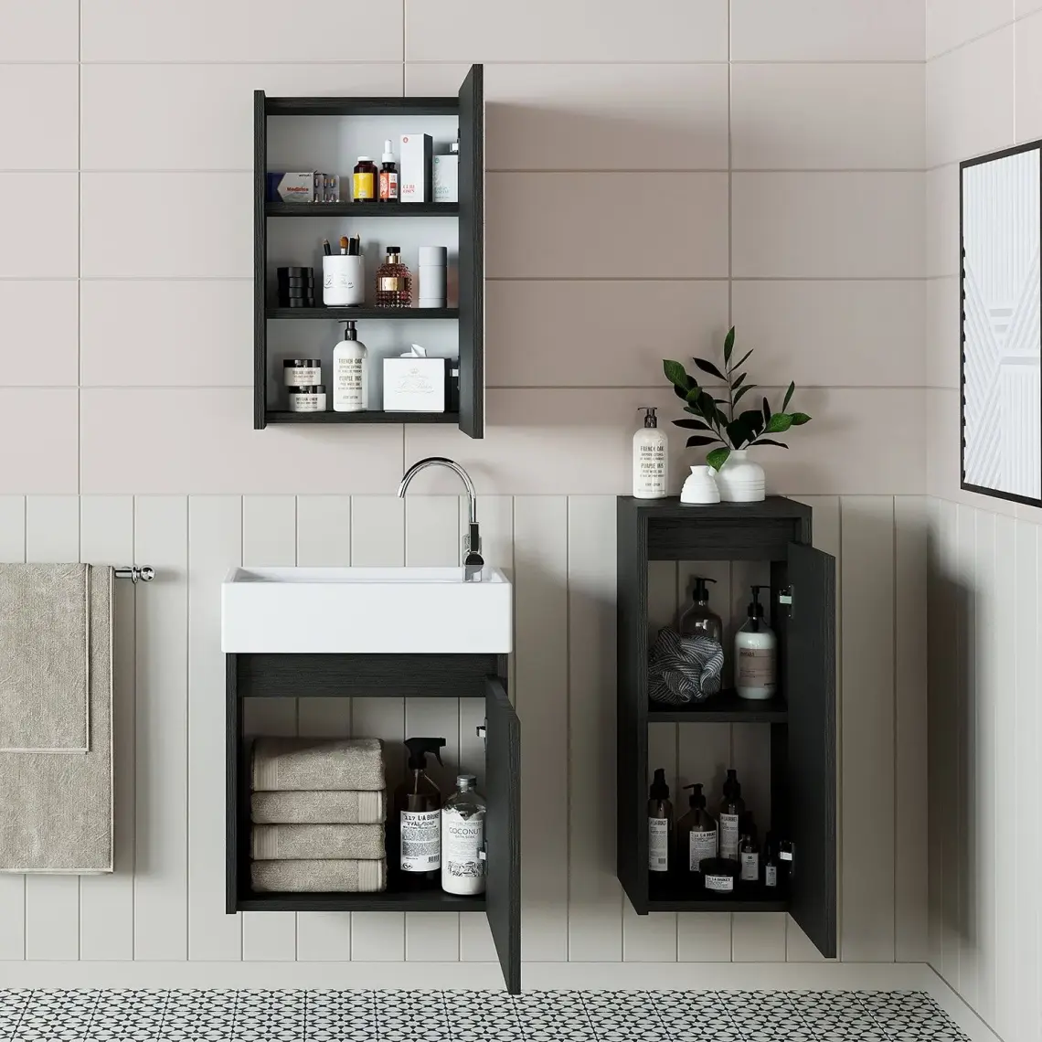 Roomart Ayaksız Tek Kapaklı Lavabolu 50 cm Banyo Dolabı ve Aynalı Üst Dolabı