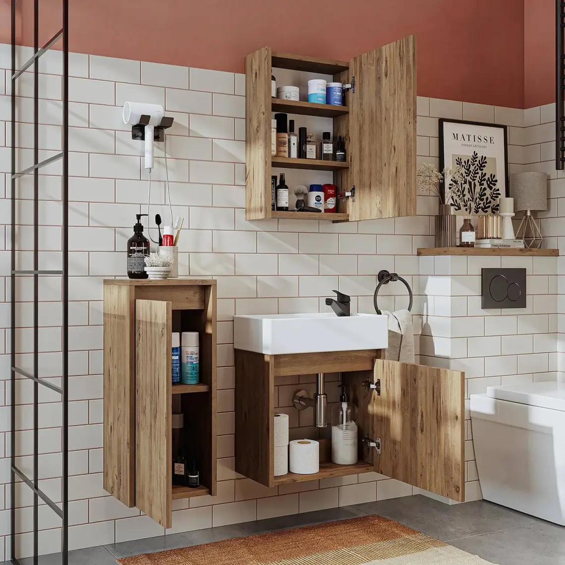 Roomart Ayaksız Tek Kapaklı Lavabolu 50 cm Banyo Dolabı ve Aynalı Üst Dolabı